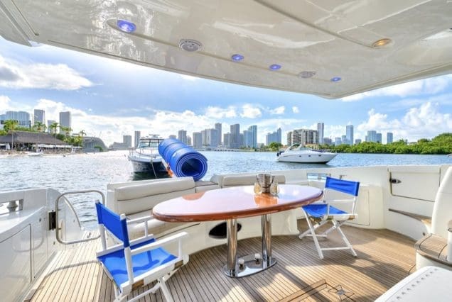 La Dolce Vita 70ft Azimut boarding area with smooth access and comfortable seating area.
