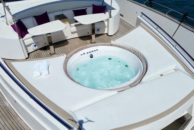 Luxury 110ft Dominator Senay Miami onboard jacuzzi for a premium spa-like experience