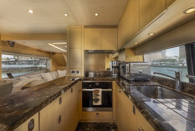 78ft SunSeeker Helios Miami fully equipped galley with sleek modern finishes