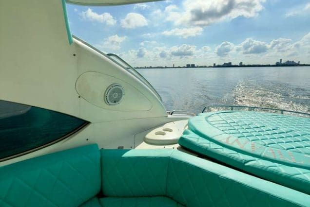 Luxury 60ft Tiffany Sunseeker Miami deck designed for open-air relaxation and luxury cruising
