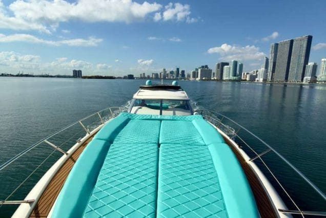 Luxury 60ft Tiffany Sunseeker Miami bow lounge area with breathtaking waterfront and skyline views