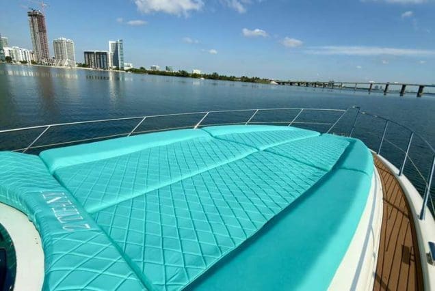 Luxury 60ft Tiffany Sunseeker Miami spacious sunbed area perfect for relaxing and enjoying the Miami sunshine