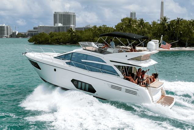 Absolute 60ft Disco Miami spacious swim platform with direct access to the water