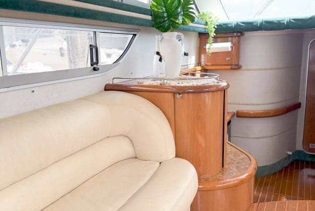 50ft Monaco SEALINE Miami sophisticated indoor salon with plush seating and contemporary décor