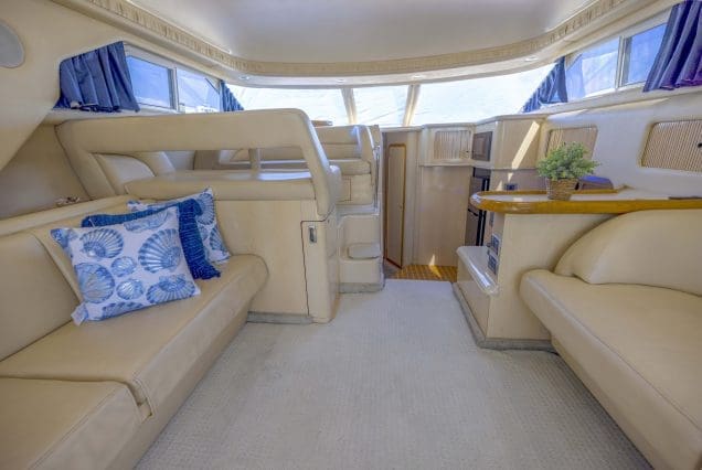 Sea Ray 45ft Sea Daze Miami elegant indoor salon with plush seating and contemporary décor