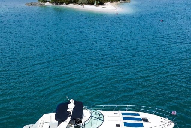 Blue Wave 45ft Miami bow lounge area with breathtaking views of Biscayne Bay and the Miami skyline